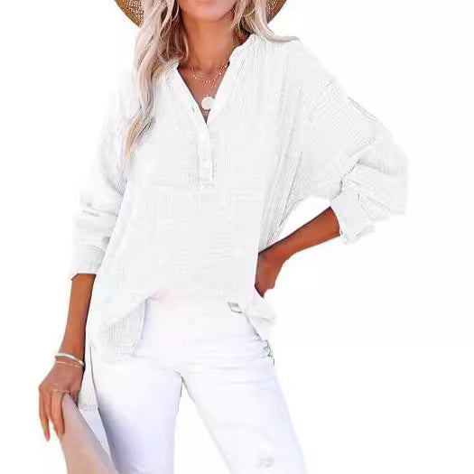 Women’s Long Sleeve Top – Relaxed Fit – Natural Fibers – Pleated Button Front