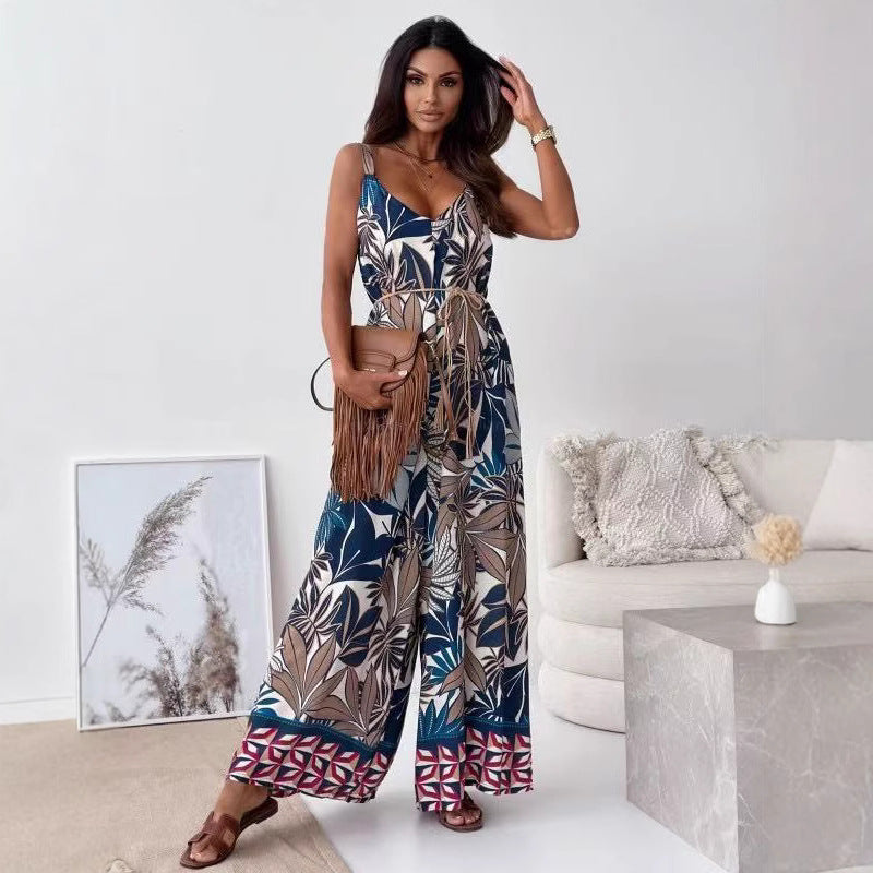 Women’s Jumpsuit – Sleeveless – Wide Leg – V-Neck – Tie Waist – Retro Floral Print