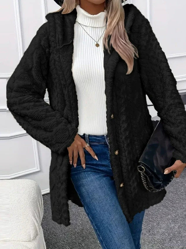Women’s Long Jacket – Plush Textured Fleece – Oversized Fit – Hooded Button Front