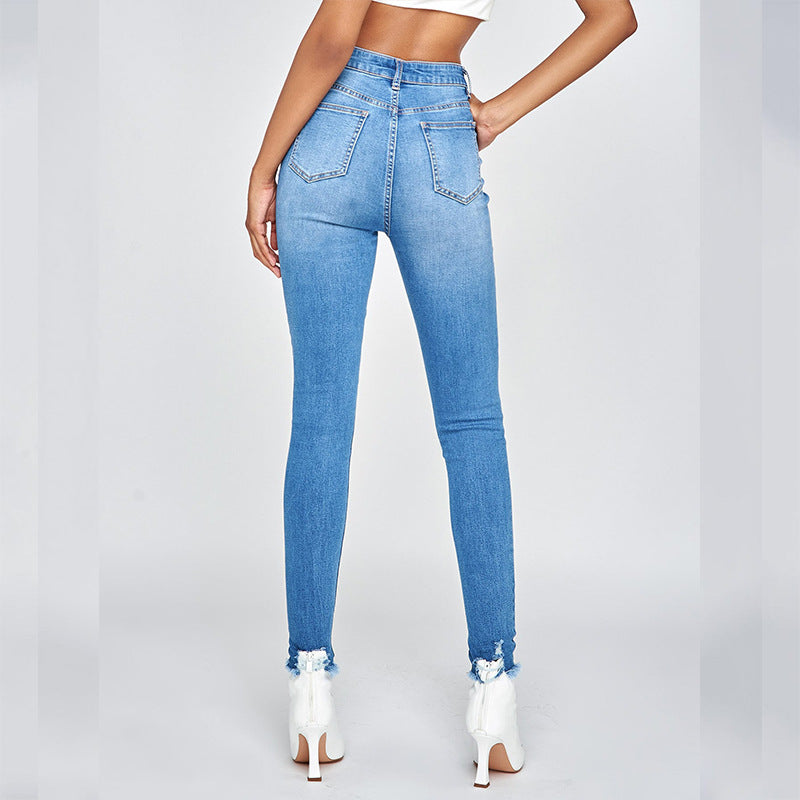 Women's High-Waisted Skinny Jeans - Distressed Hem - Classic Five-Pocket Style
