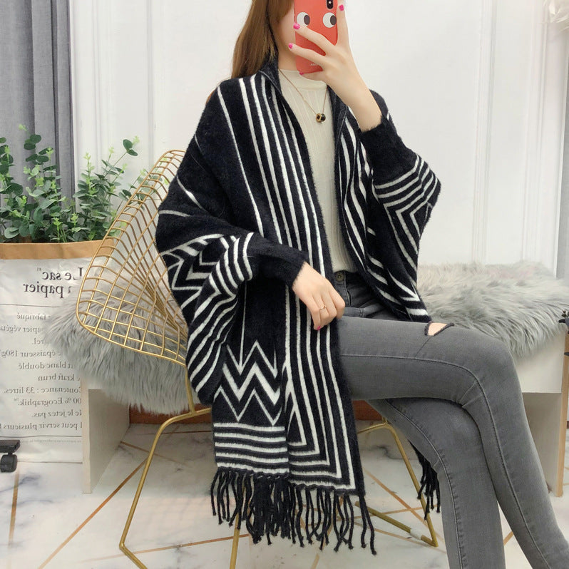 Women's mid-length faux mink fringe batwing knitted cardigan