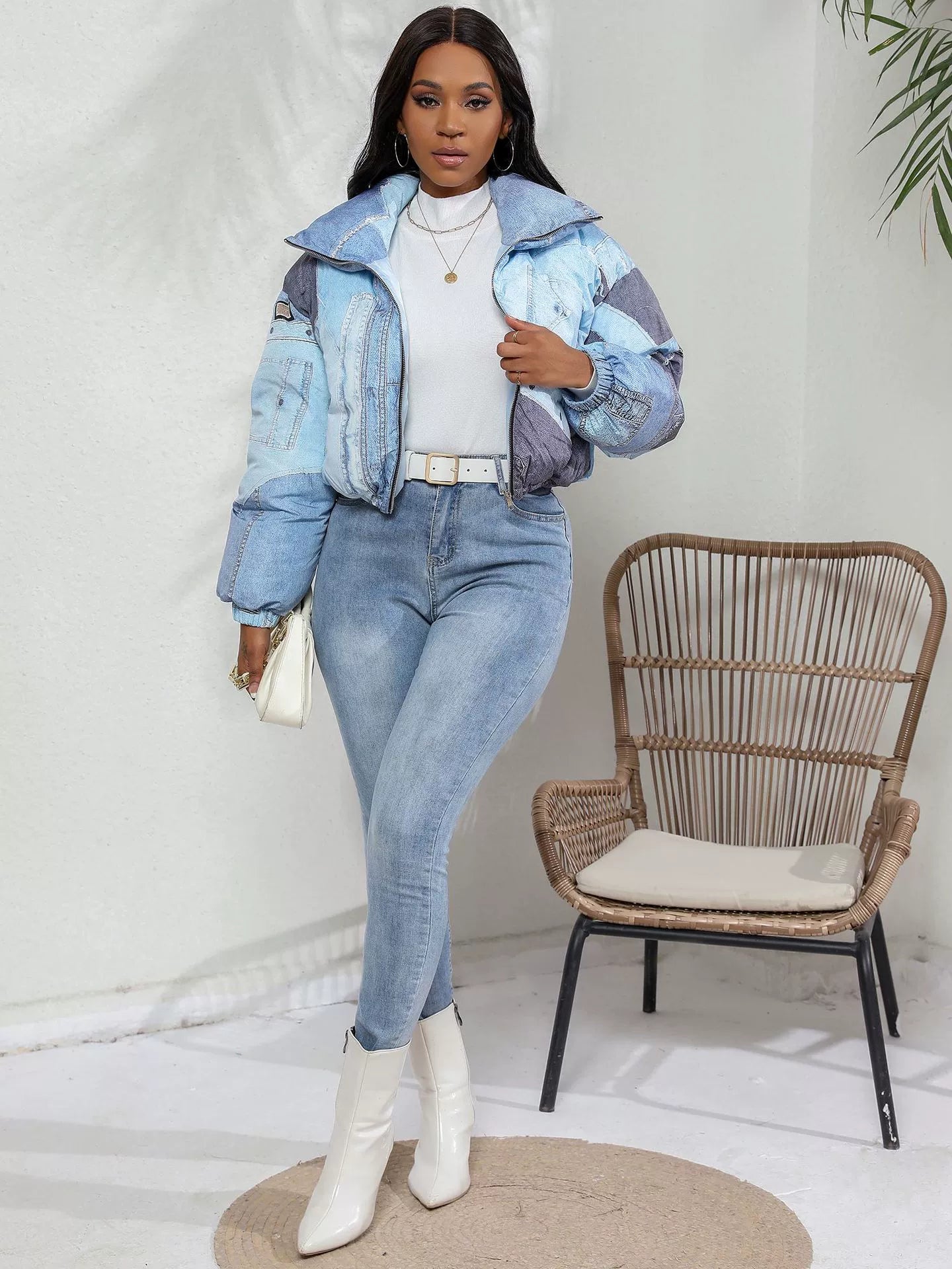Women’s Jacket – Oversized Puffy Fit – Patchwork Denim Look – Zip Front Stand Collar