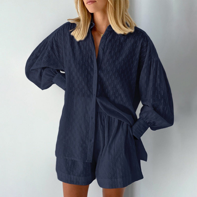 Veerna - jacquard drop shoulder sleeves button down long sleeve and short set