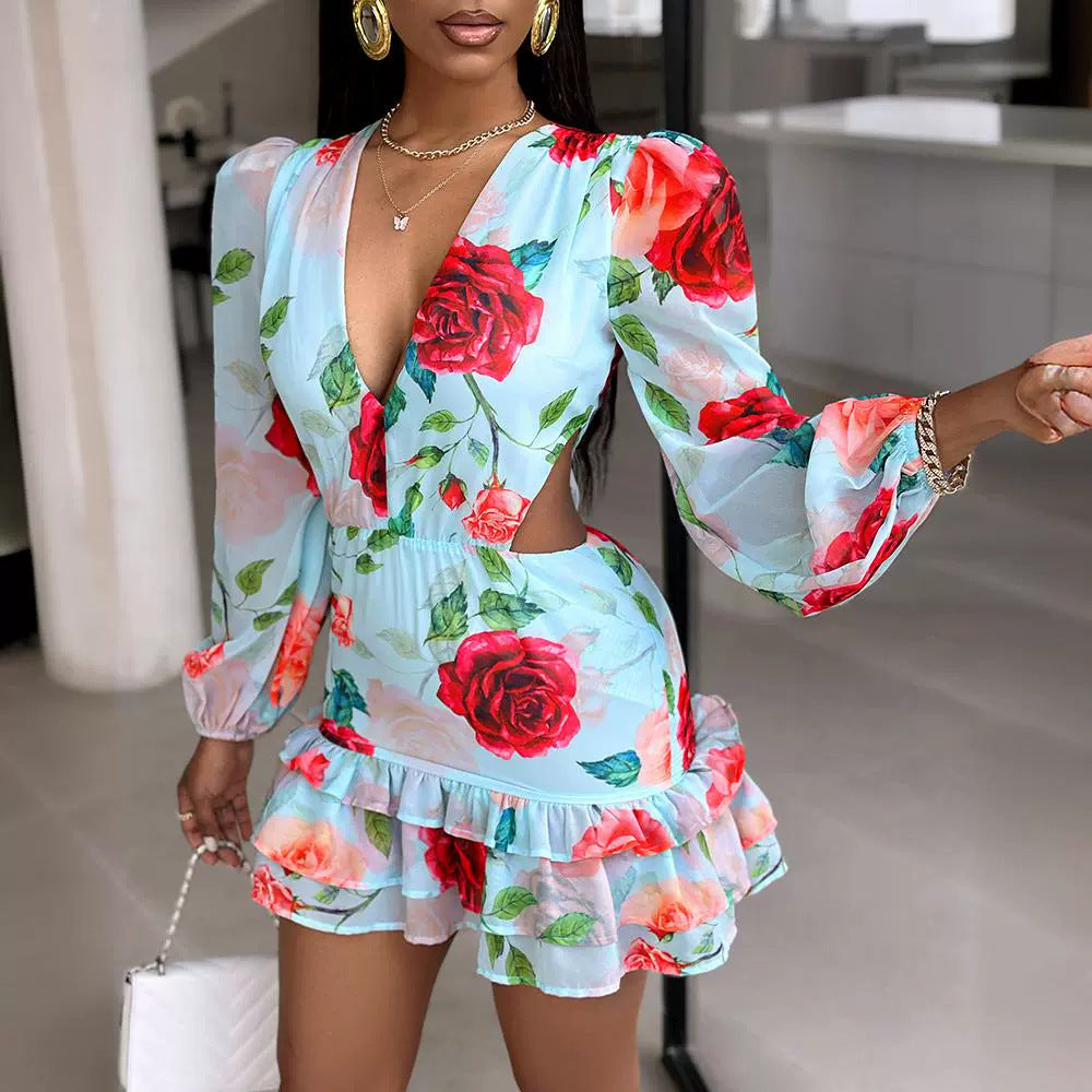 Women's Mini Dress - Plunging V-Neck - Long Puff Sleeves - Fitted Waist - Ruffled Hem