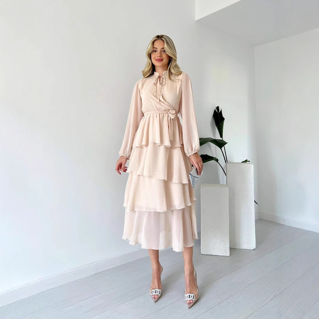 Women’s Chiffon Dress – Tiered A-Line Midi – Long Sleeve – High Neck Tie Waist