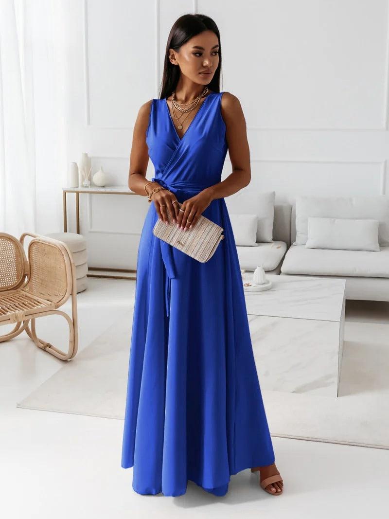 Women's Evening Gown - Sleeveless V-Neck - Wrap-Style Floor-Length Elegant Dress