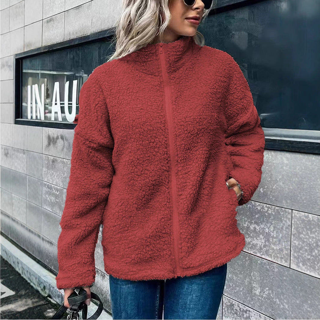 Women’s Fleece Jacket – Oversized Fit – Plush Texture – Stand Collar – Zip Front