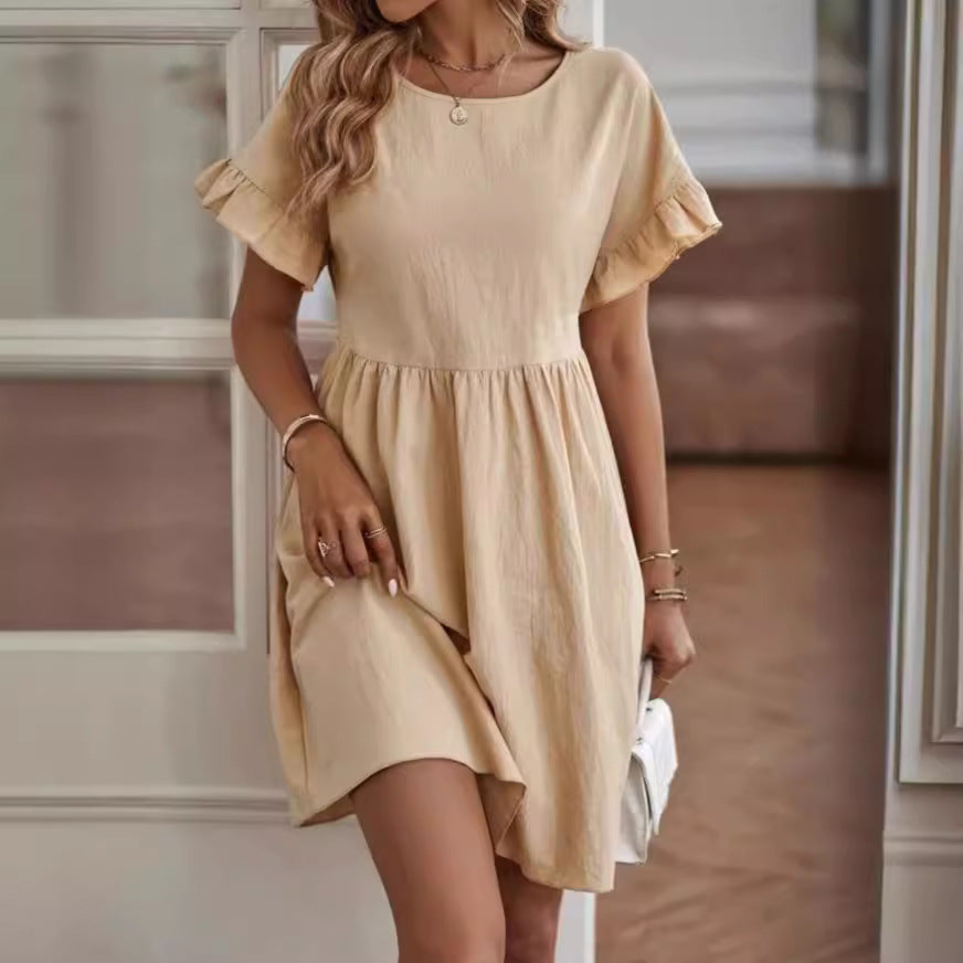 Women’s Knee-Length Dress – Cotton Linen Blend – Loose Fit – Ruffle Sleeve Casual Wear