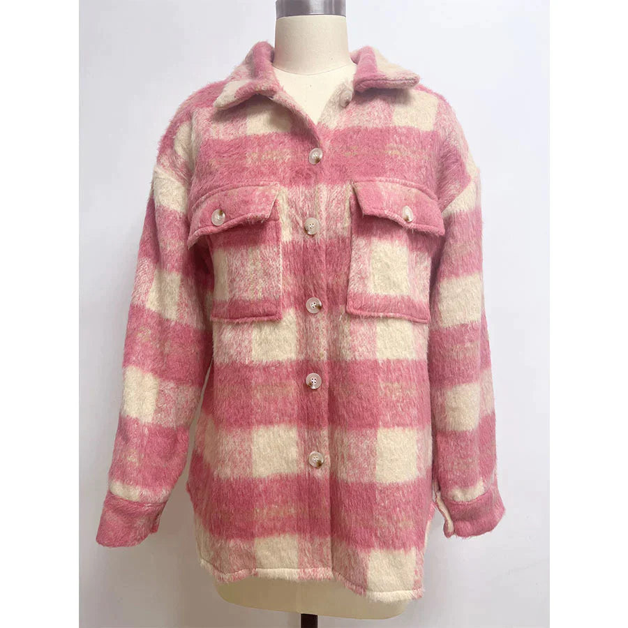 Plaid Mohair Blend Long Sleeve Coat