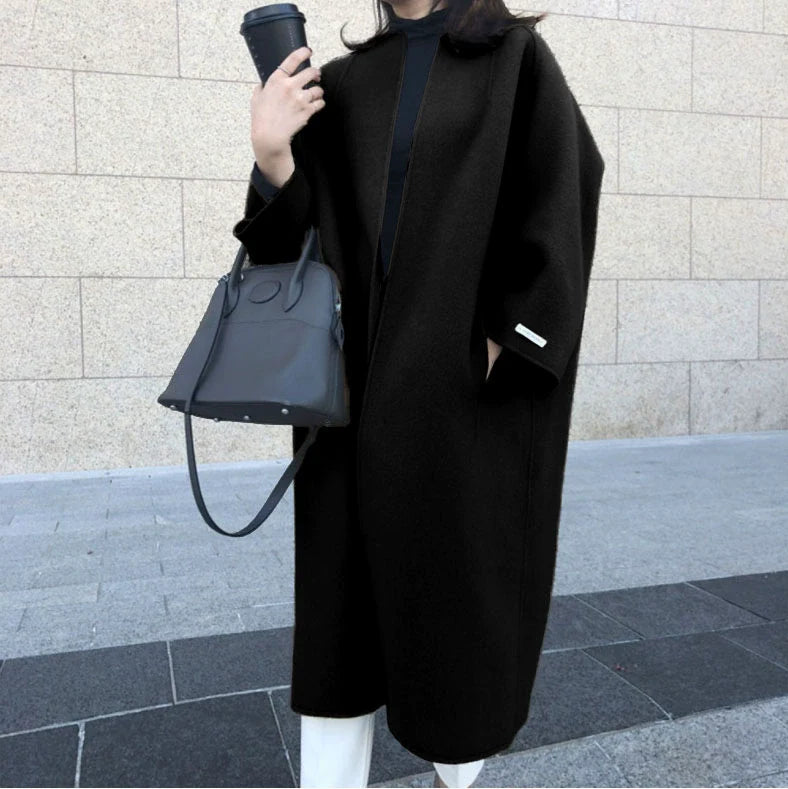 Women’s Long Coat – Wool Blend – Oversized Relaxed Fit – Open Front – Mid-Calf Length