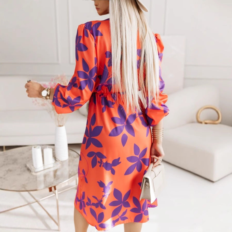 Women’s Midi Dress – V-Neck – Puff Sleeve – Cinched Waist – Floral A-Line Fit