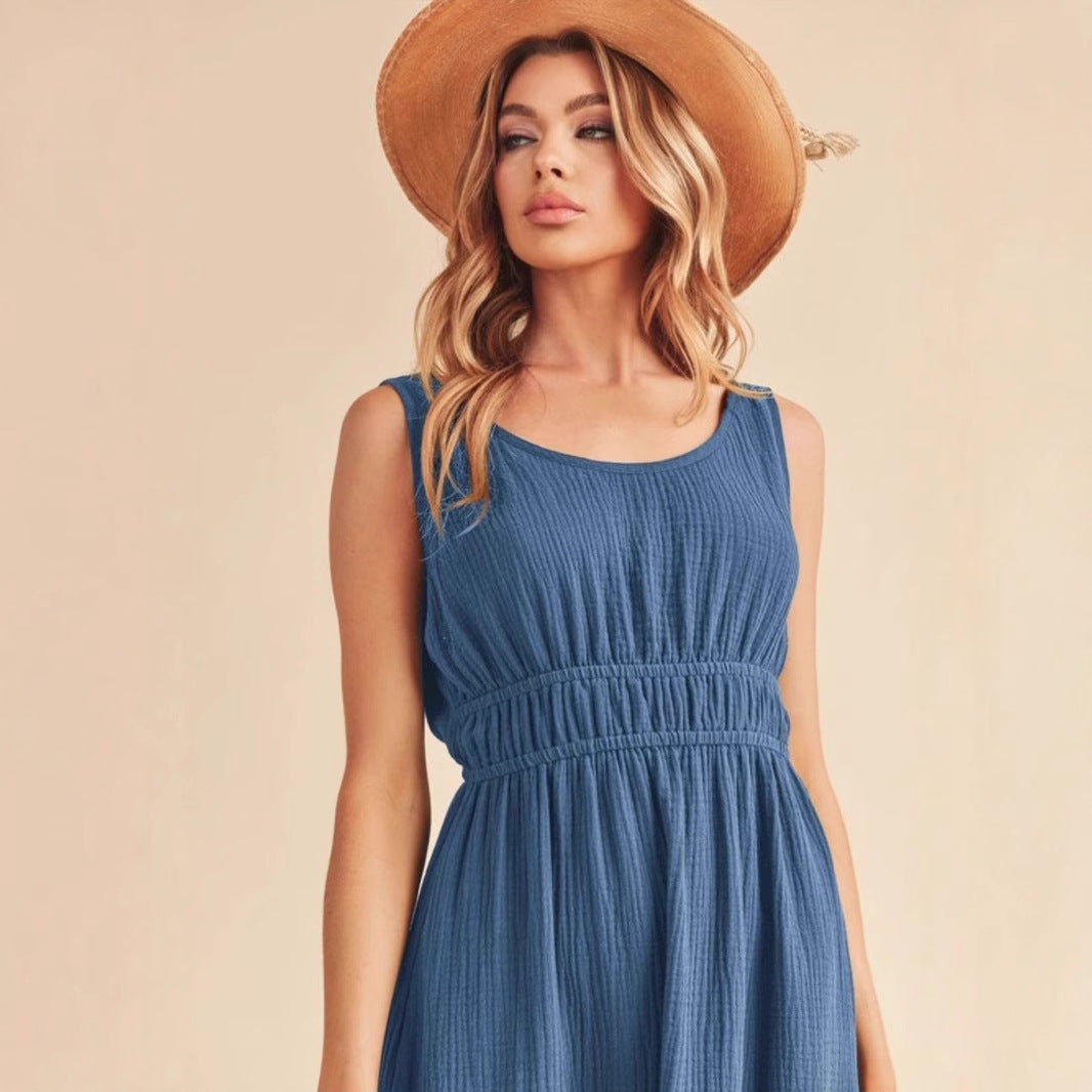 Women’s Sleeveless A-Line Dress – Midi Length – Scoop Neck – Side Pockets – Relaxed Fit