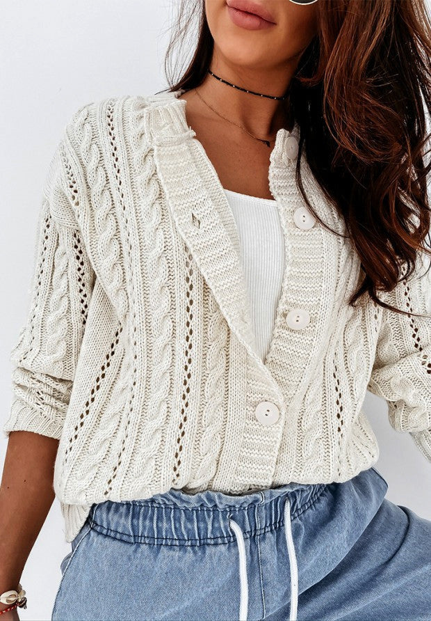 Women’s Cardigan – Wool Knit – Relaxed Fit – Cable Stitch – Button Front Layer