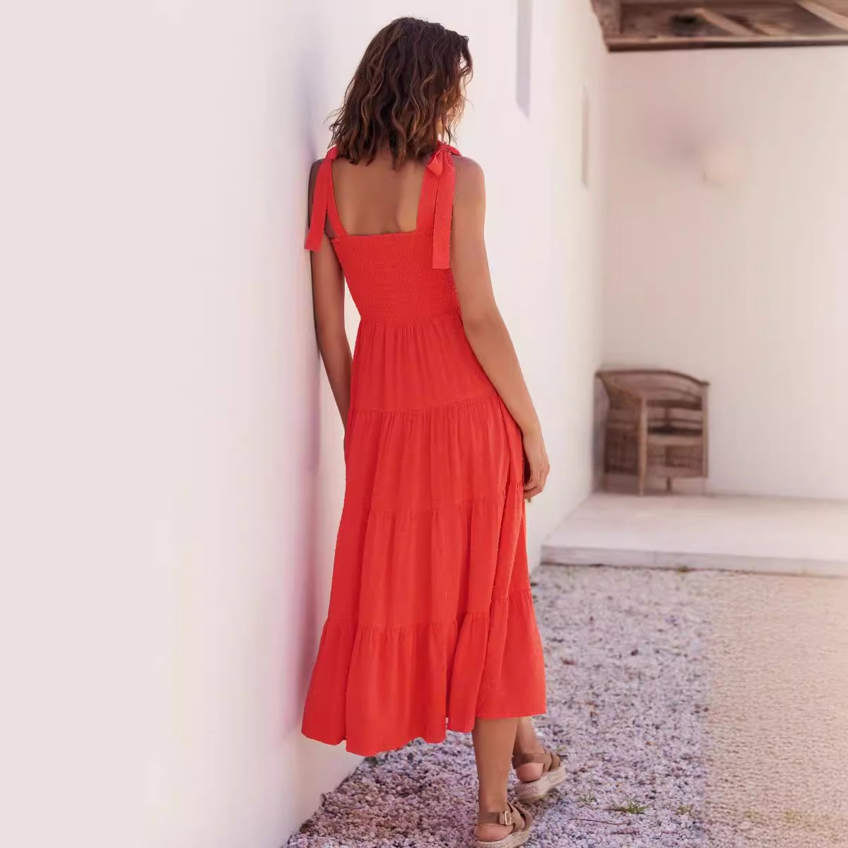 Women’s Midi Dress – Smocked Bodice – Adjustable Tie Straps – Tiered A-Line Skirt