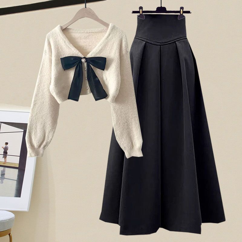 Women's slim fit knit sweater and skirt set - two-piece outfit