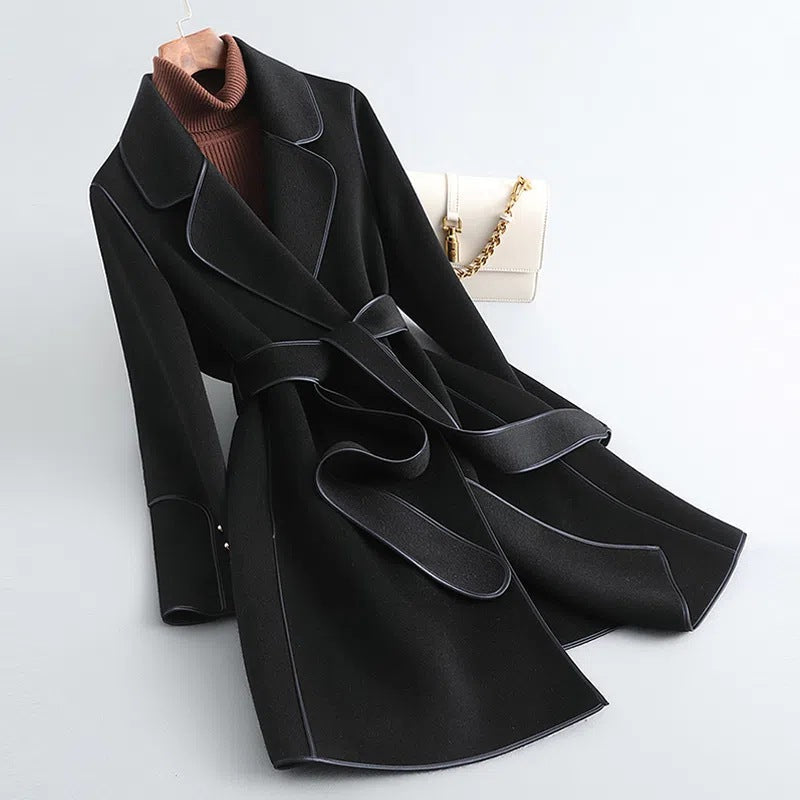 Women’s Trench Coat - Wool Blend - Tailored Fit - Belted Wrap Style - Piped Detailing