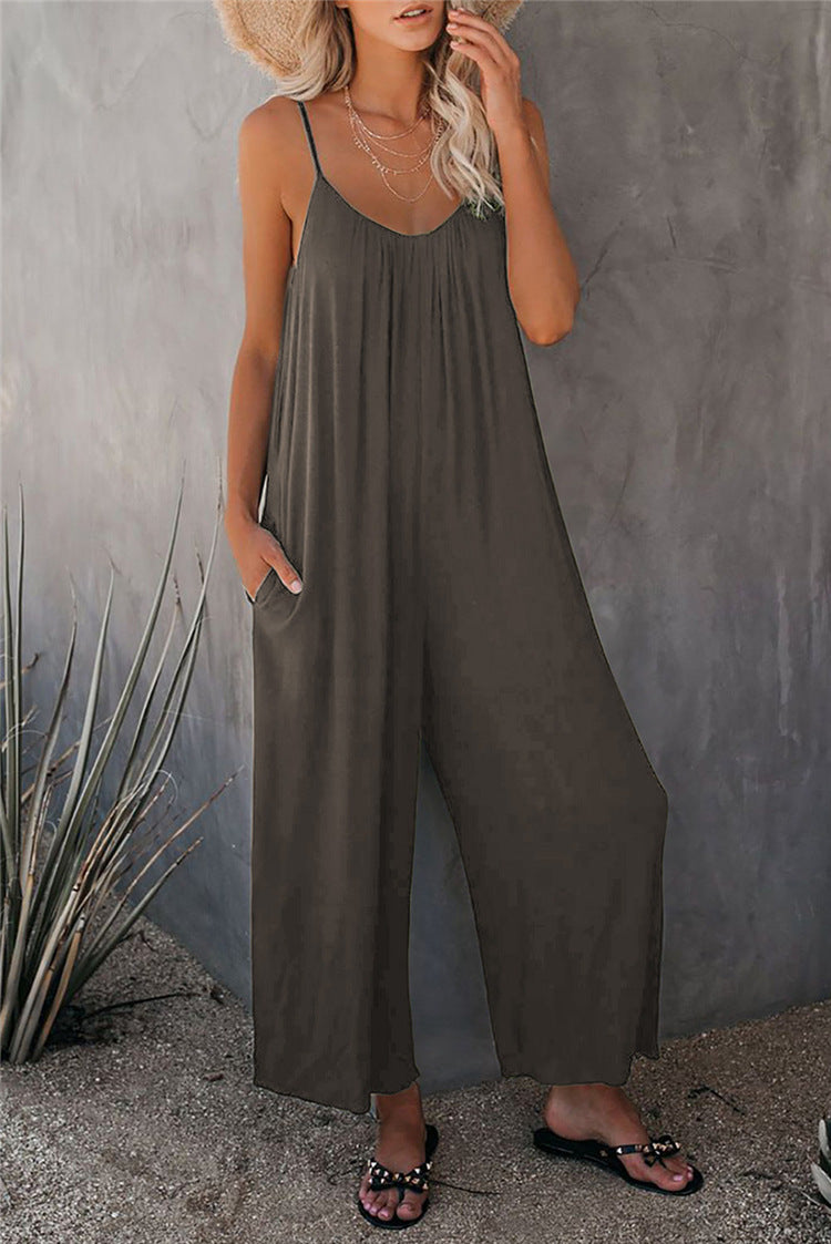 Women’s Jumpsuit – Relaxed Fit – Spaghetti Straps – Breathable Blend – Full Length – Pockets