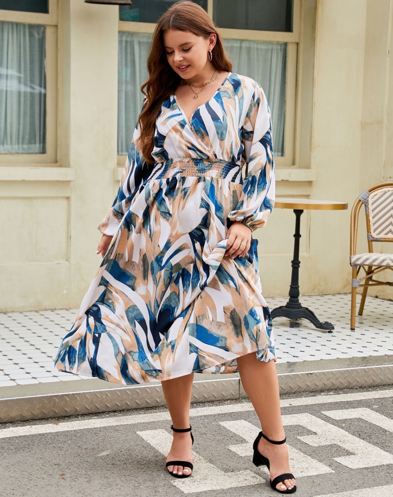 V-Neck Long Sleeve Midi Dress