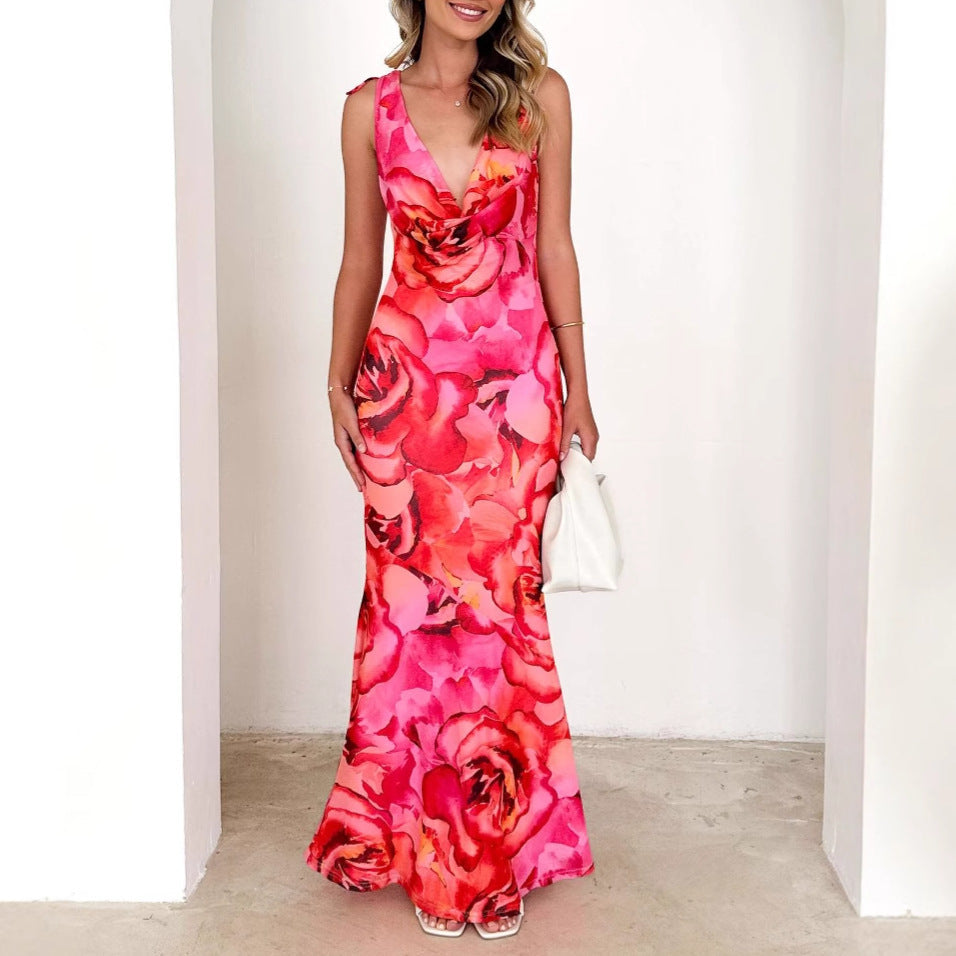 Women’s Maxi Dress – Stretch Fit – Deep V-Neck – Sleeveless – Floral Print Draped Skirt