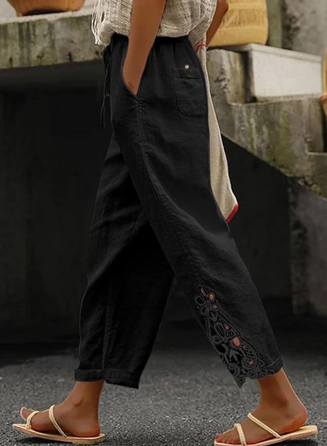 Women's Casual Pants - Comfortable Fiber Blend - Elastic Waist - Ankle Length - Lace-Up Detail