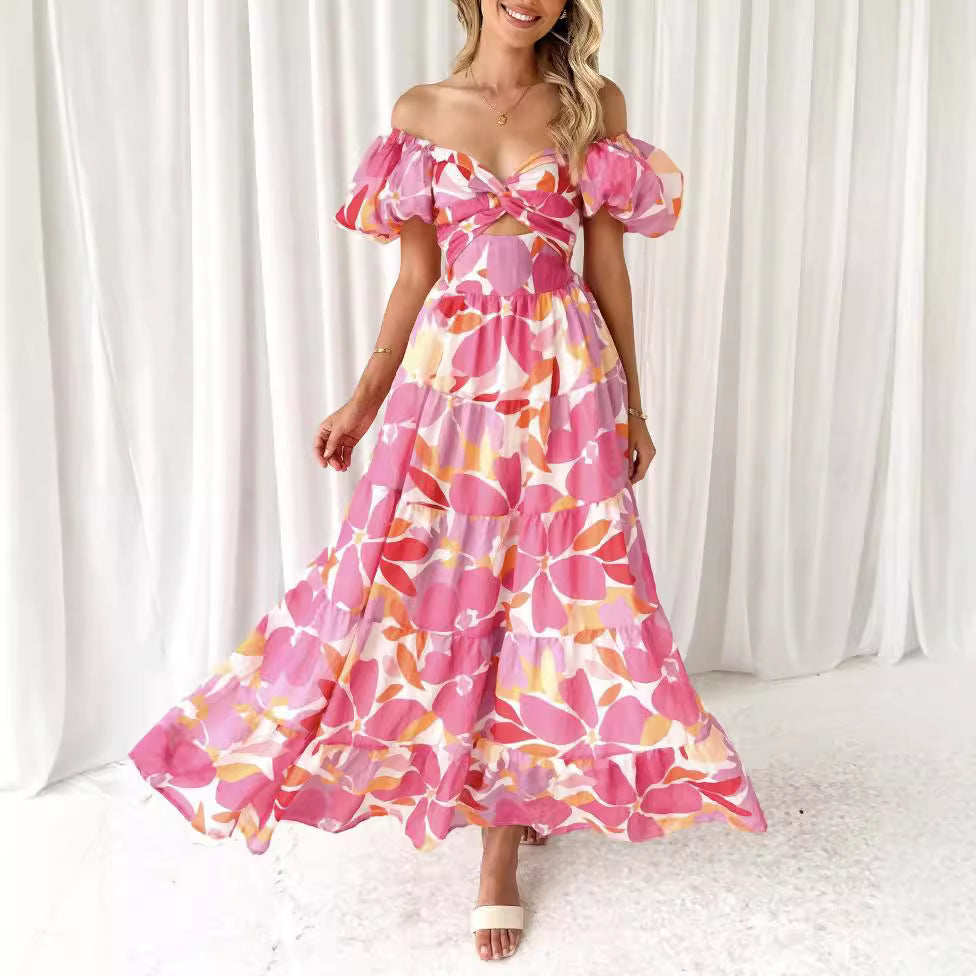Women’s Maxi Dress – Puff Sleeve – Elegant Print – Flowy Fit – Lightweight Cotton