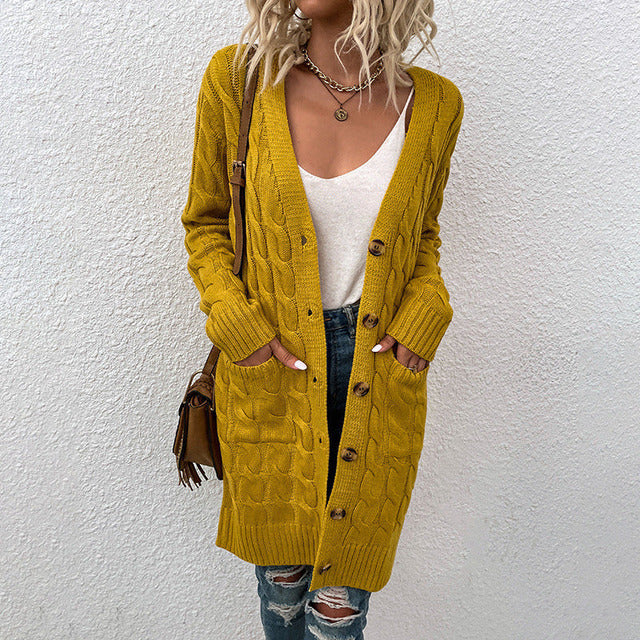 Women's knee-length twist sweater cardigan with buttons and pockets