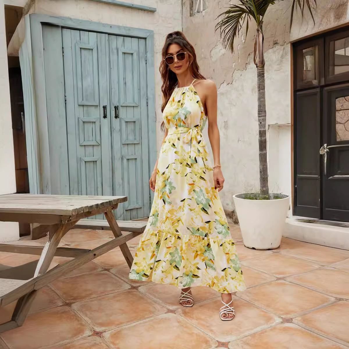 Women’s Maxi Dress – Flowy Fit – Halter Neck – Tiered Skirt – Floral Print