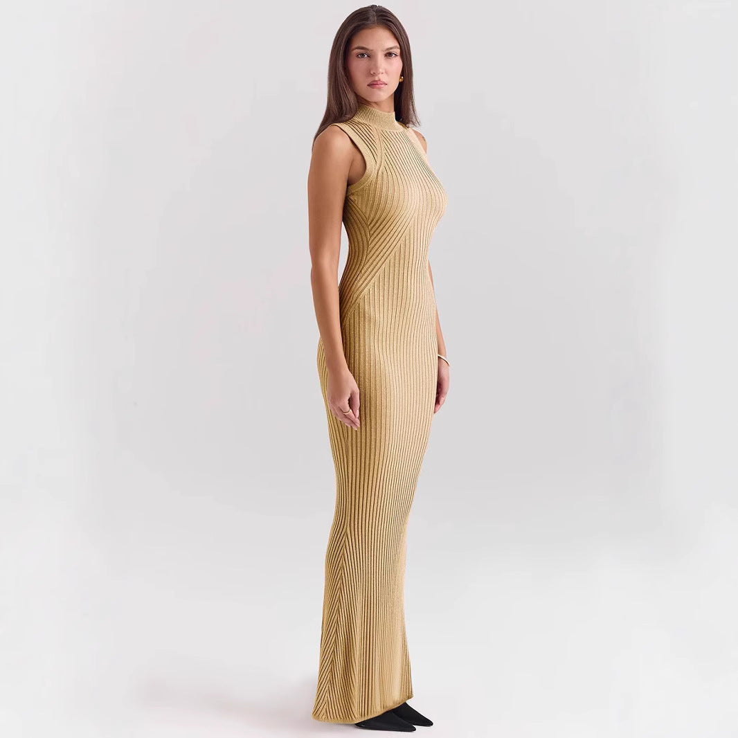 Women’s Knit Dress – Sleeveless Turtleneck – Ribbed Form-Fitting – Mermaid Hem