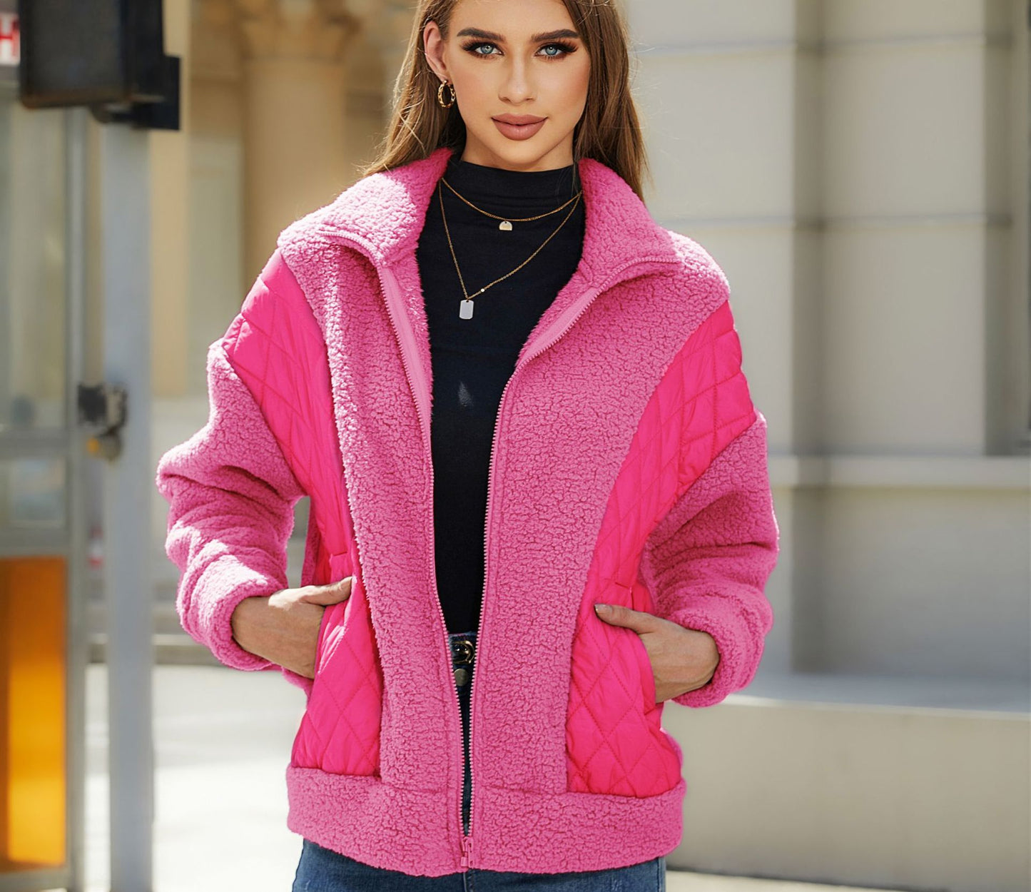 Women's plush zip-up spliced velvet jacket