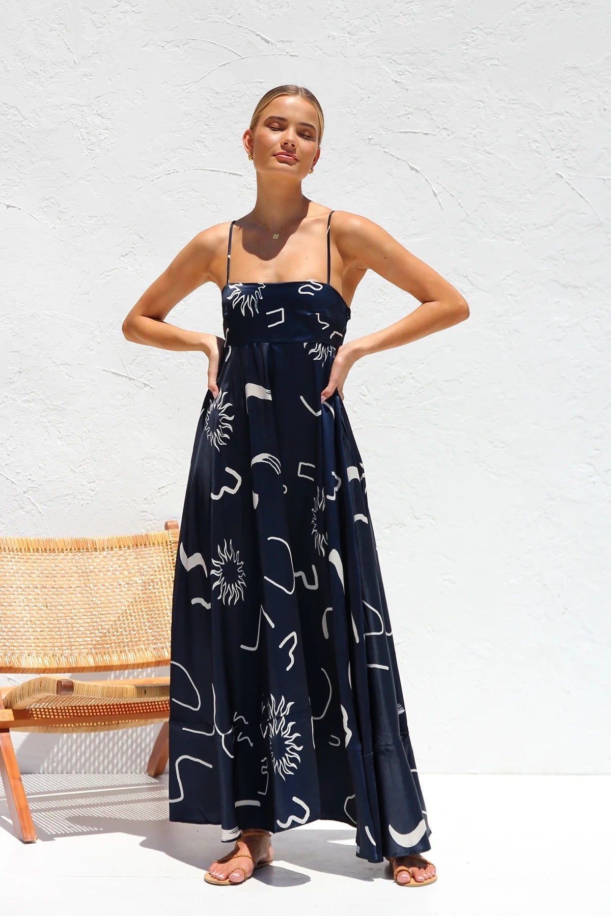 Women’s Maxi Dress – Soft Cotton Blend – Slim Fit Bodice – Spaghetti Straps – A-Line Hem
