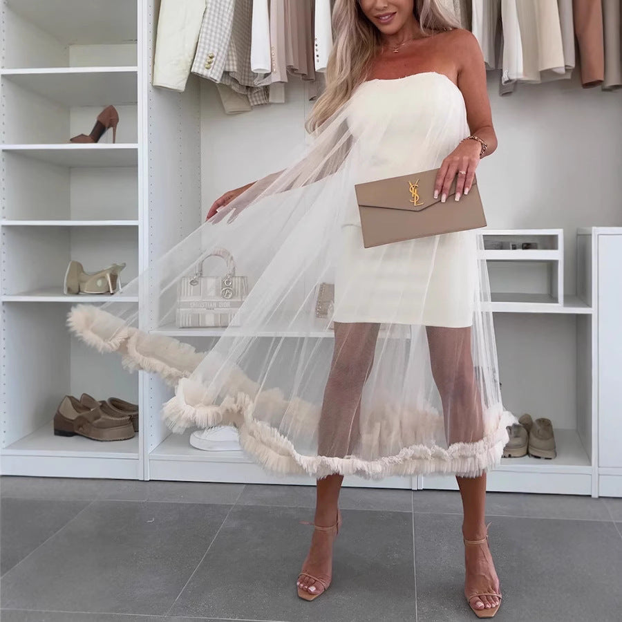 Ruffle Hem Tulle Overlay Midi Dress