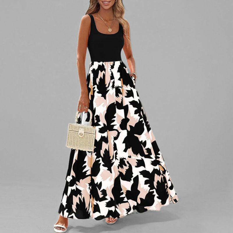 Women’s Maxi Dress – Sleeveless Scoop Neck – High Waist – A-Line Flowy Fit – Printed Skirt