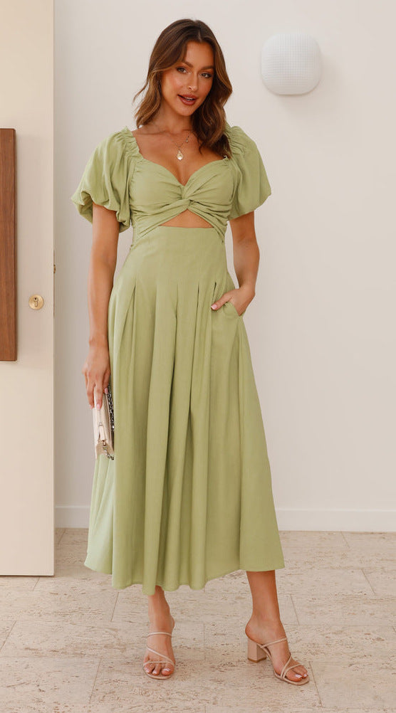 Women’s Midi Dress – Fit and Flare – Puff Sleeve – V-Neck – Lightweight Cut-Out Design