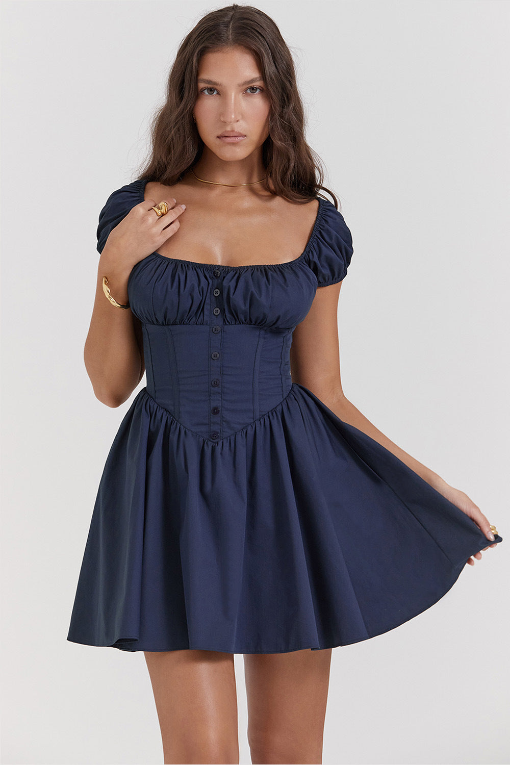 Women’s Mini Dress – Slim Fit – Puff Sleeve – Square Neck – Button Front