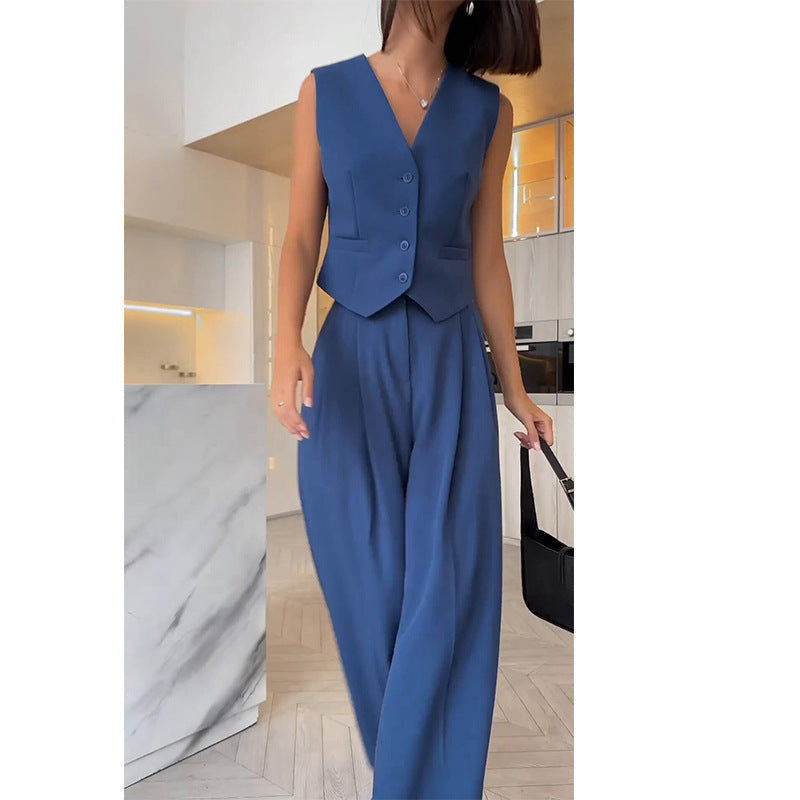 Women's sleeveless v neck vest with wide leg pants set