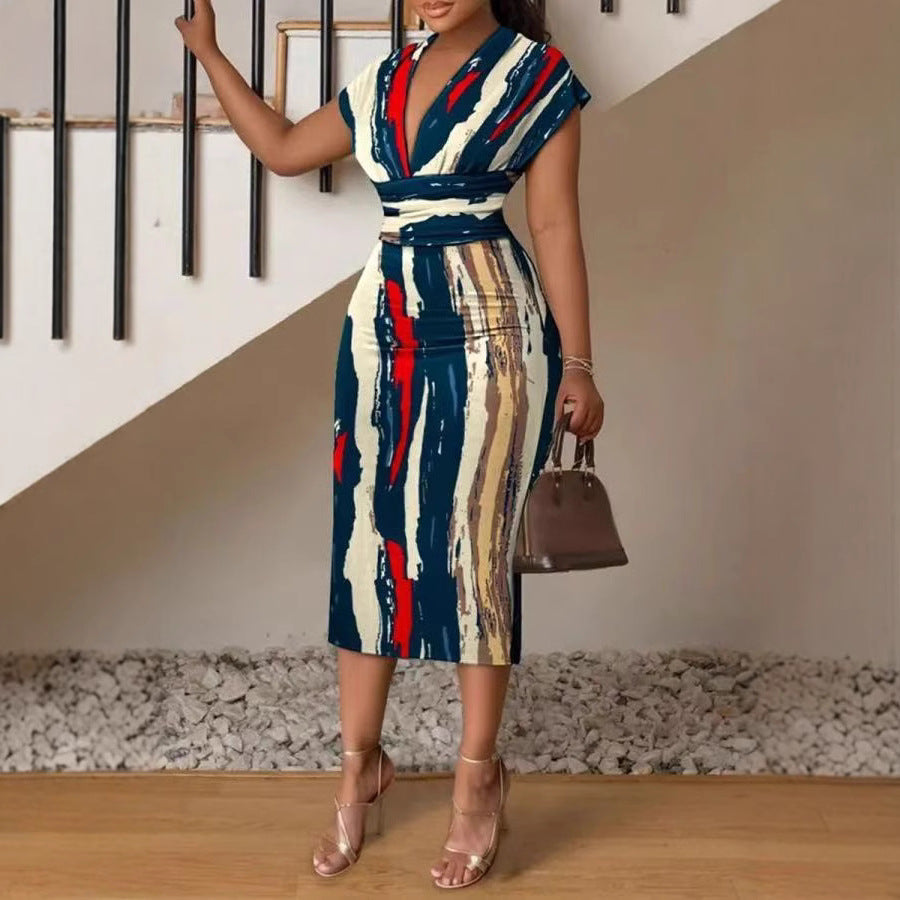 Women’s Midi Dress – Slim Fit Bodycon – V-Neck Patchwork Denim Look – Cap Sleeve