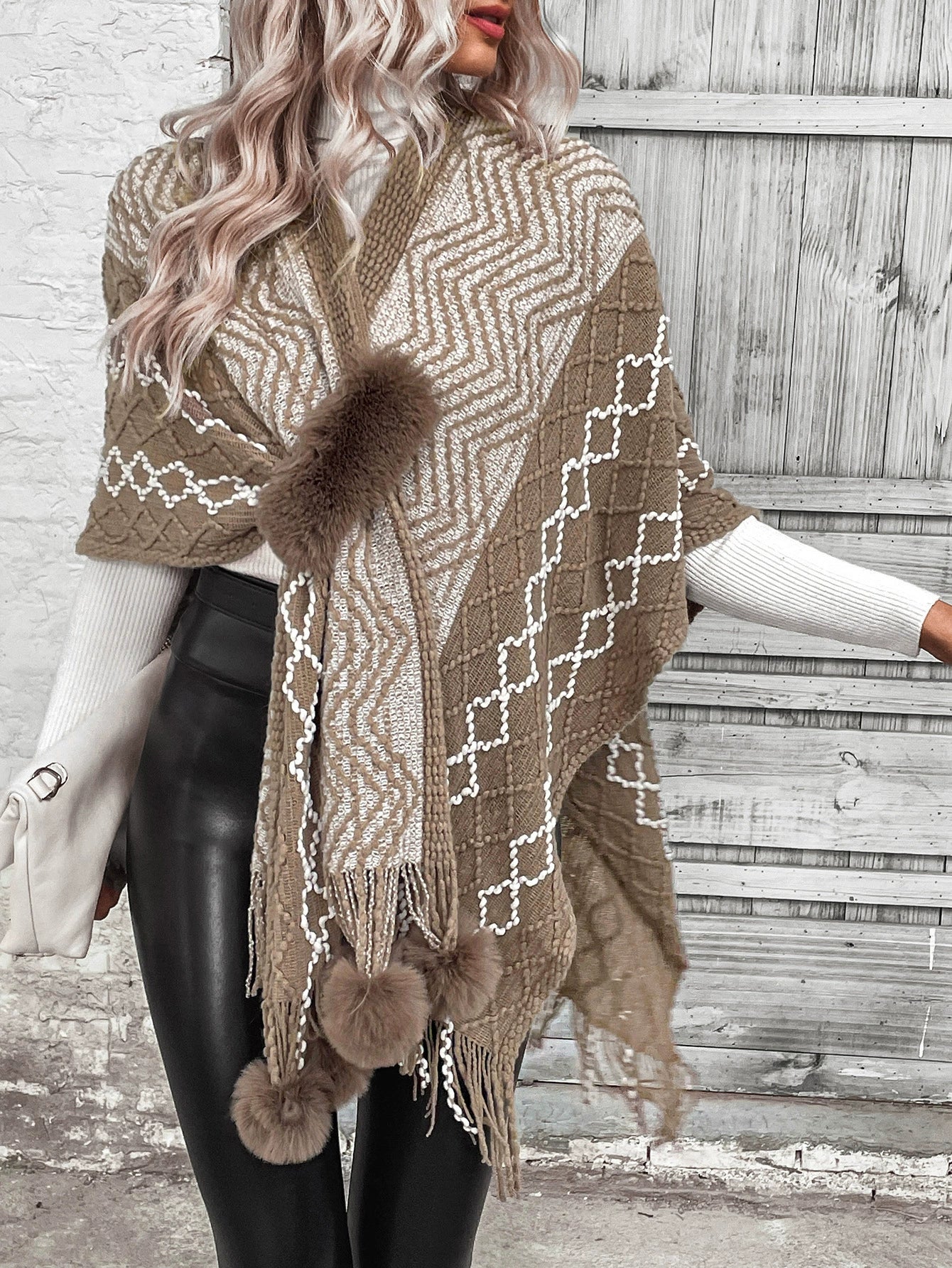 Women’s Cape Shawl Cardigan – Wool Knit – Oversized Fit – Fringe Hem – Boho Style