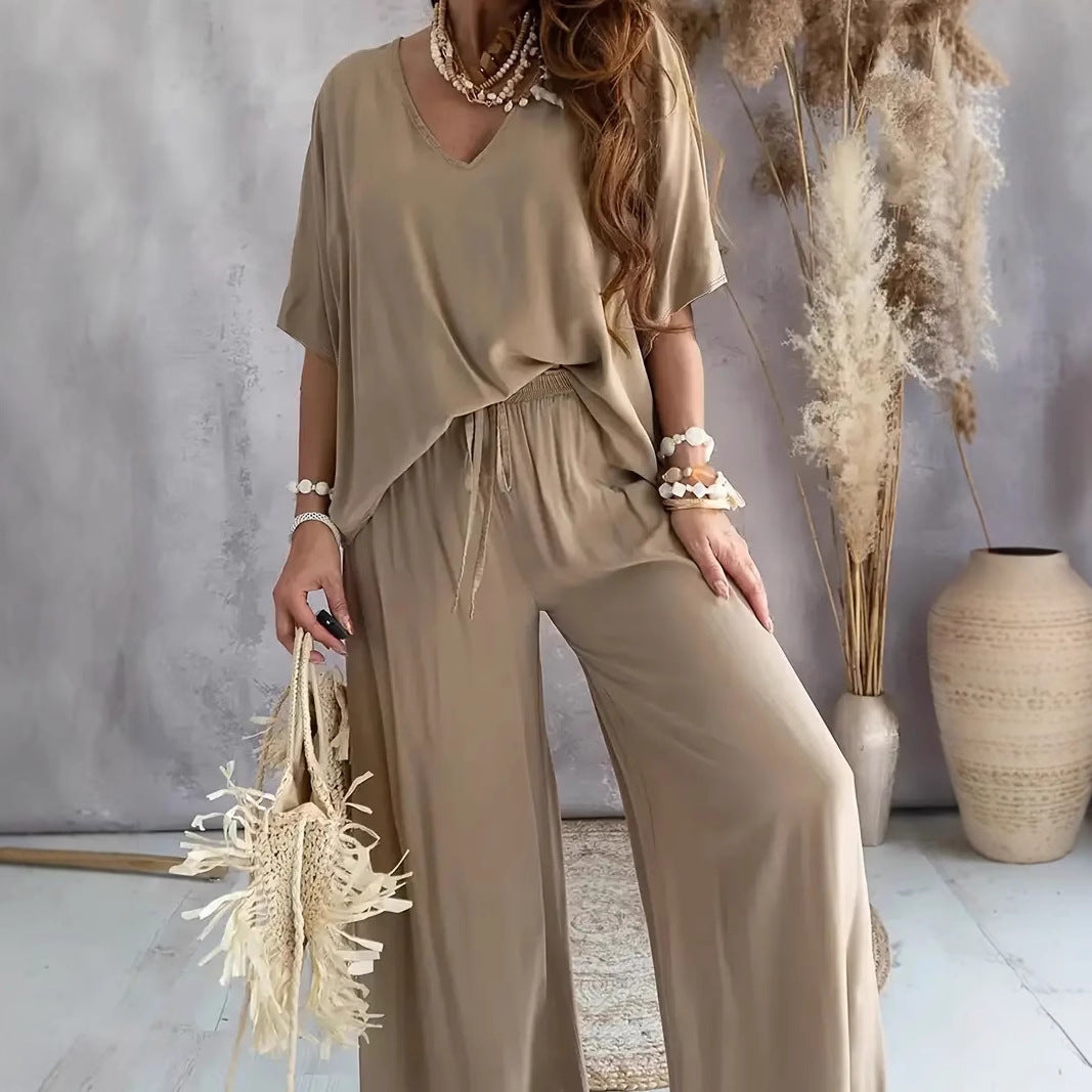 Women’s Matching Set – V-Neck Top and Wide-Leg Pants – Relaxed Fit – Breathable Blend