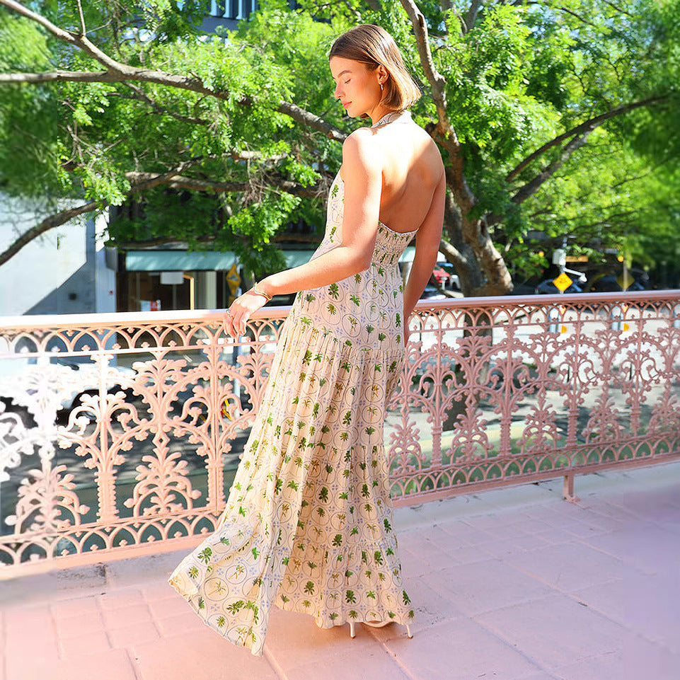 Women’s Halter Maxi Dress – Smocked Bodice – A-Line Fit – Tiered Skirt – Cotton