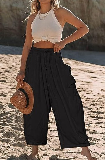 Women's wide leg trousers with elasticated waistband and pockets