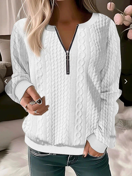 Women’s Sweater – Wool Blend – Cable Knit – Relaxed Fit – Zip Neckline – Ribbed Trim