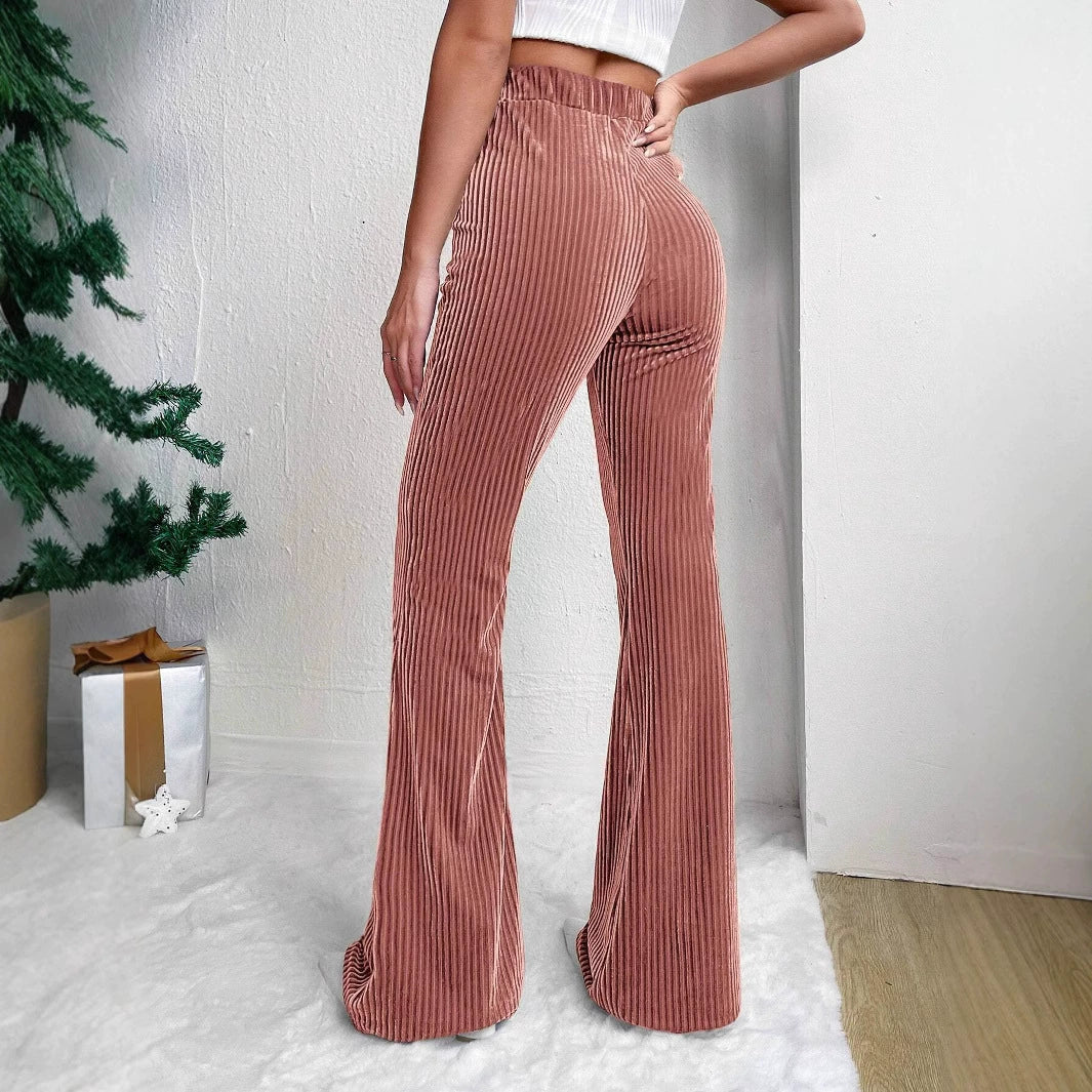 Women’s Flared Pants – High Waist – Ribbed Stretch Fabric – Wide Leg Floor Length