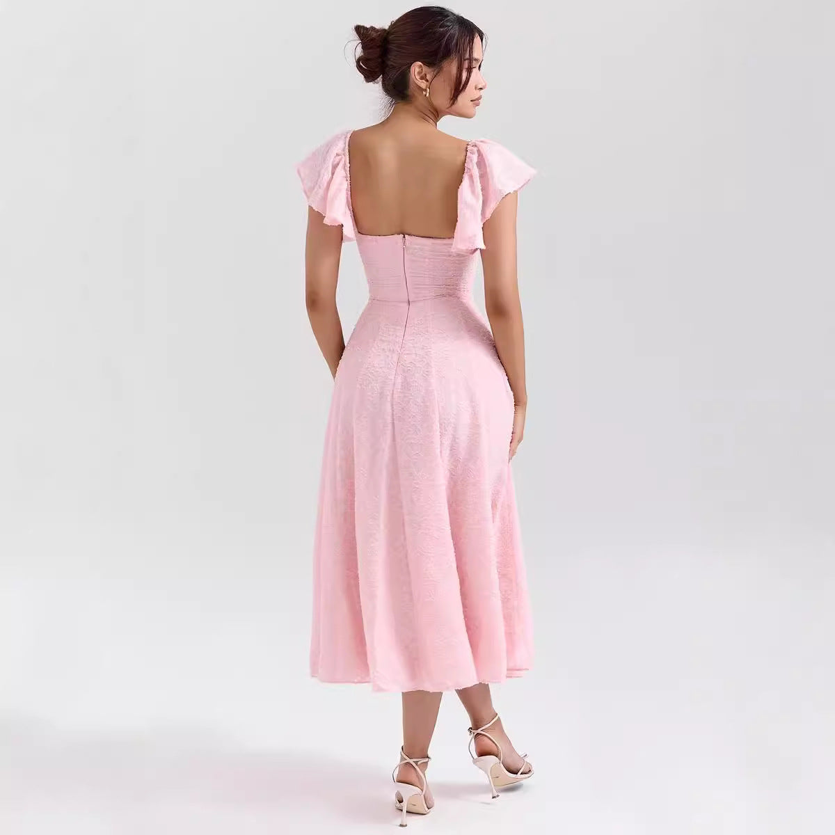 Women’s Midi Dress – Off-Shoulder Flared Fit – Jacquard Fabric – Sweetheart Neckline
