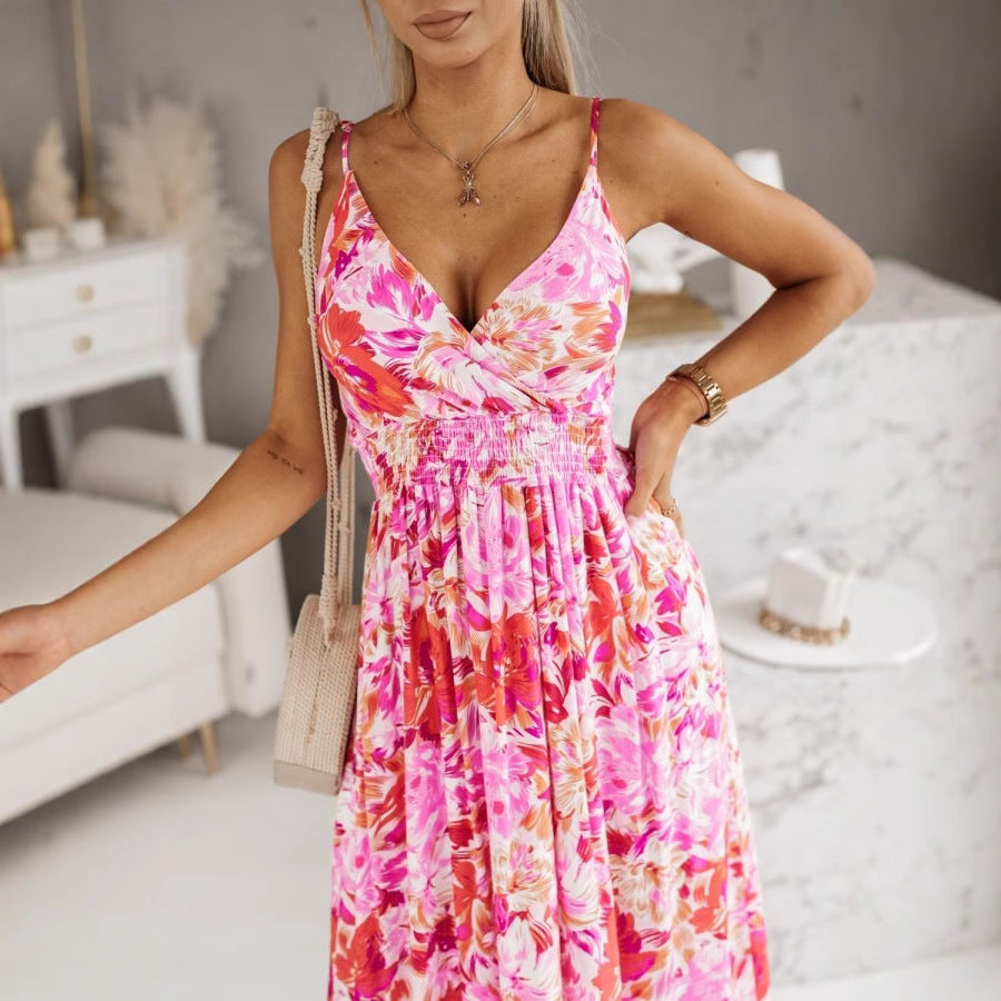 Women’s Maxi Dress – V-Neck Crossover – Floral Print – Adjustable Straps – Cotton Blend