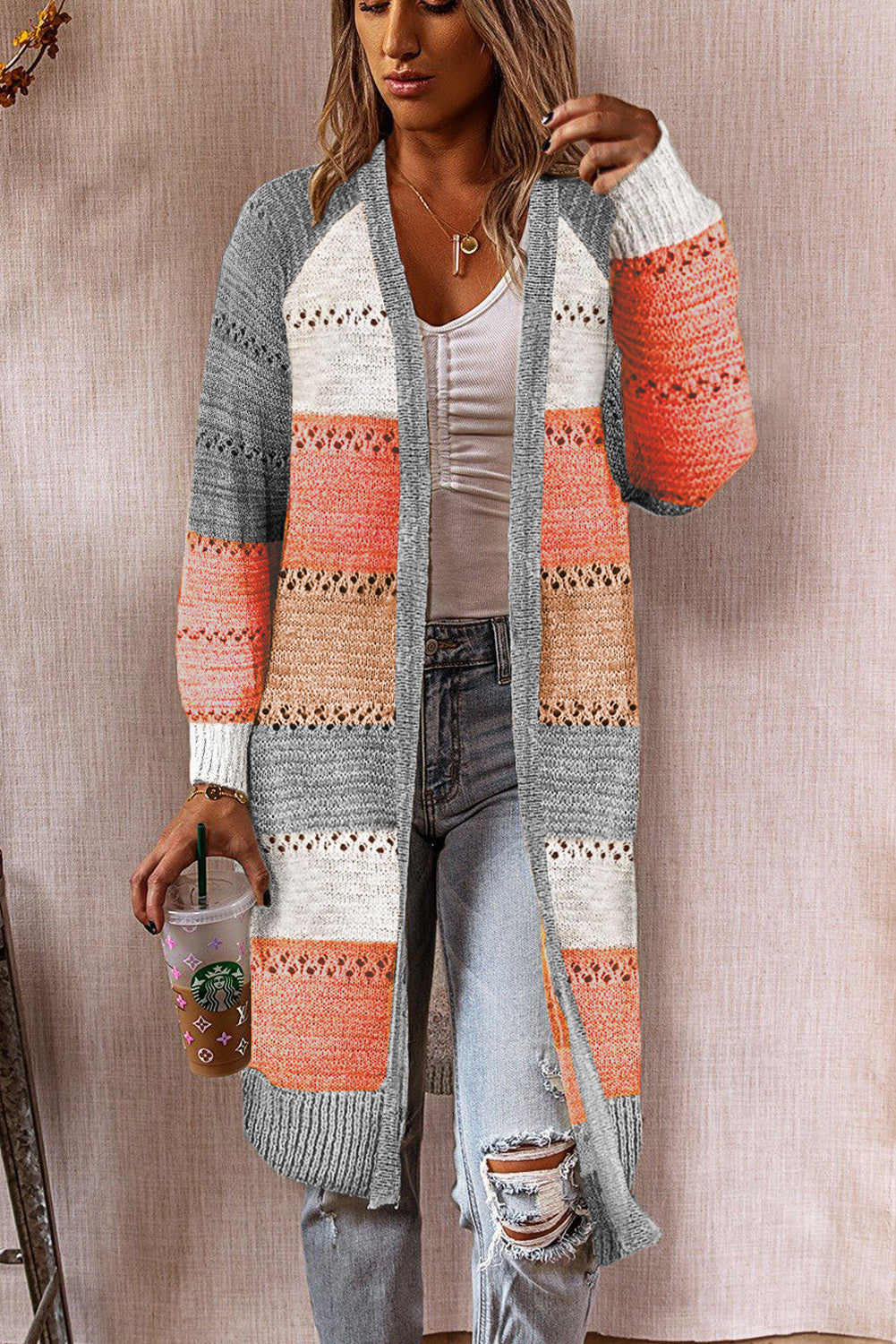 Women’s Knit Cardigan - Long Open Front - Loose Fit - Striped Textured Casual Layer
