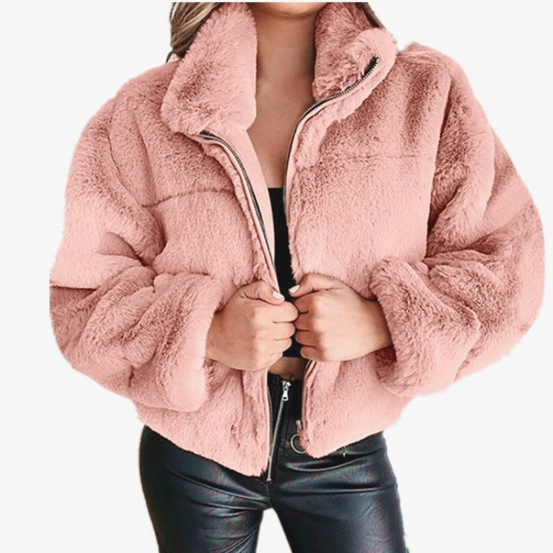 Women’s Cardigan Coat – Faux Fur – Oversized Fit – Zipper Front – High Collar