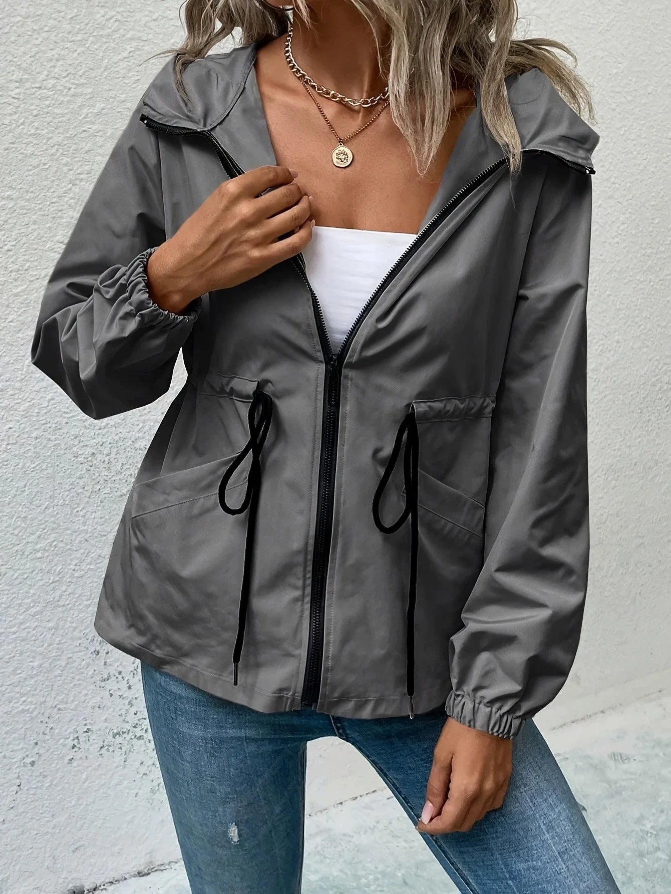 Women’s Outdoor Jacket – Waterproof Shell – Hooded – Adjustable Waist – Hip Length