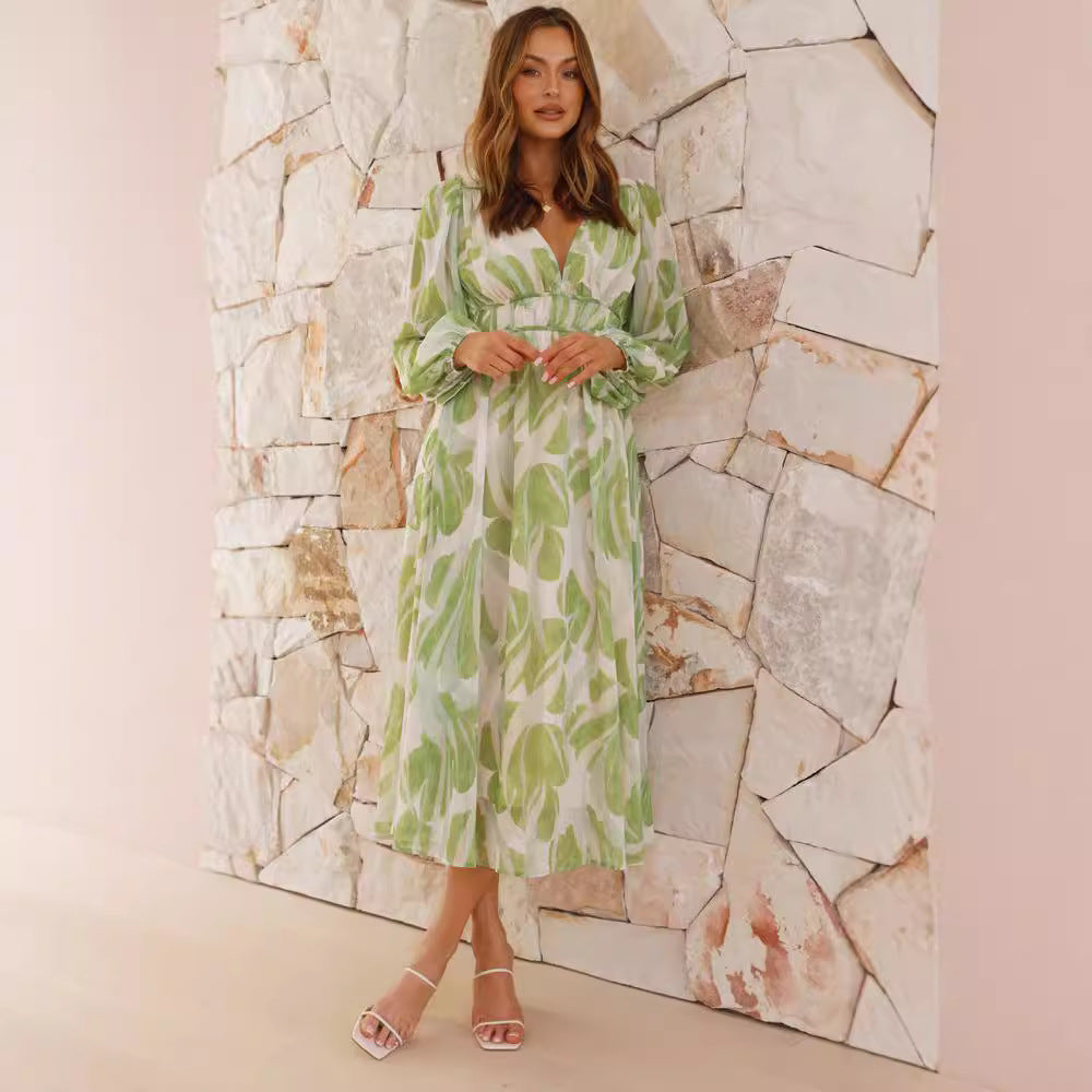 Women’s Chiffon Maxi Dress – Floral Print – V-Neck – Long Sleeve – Relaxed Fit
