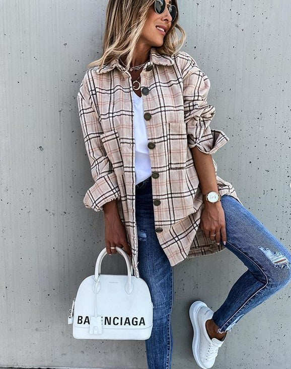 Women’s Jacket – Oversized Fit – Wool-Like Texture – Plaid – Button Front – Mid-Length
