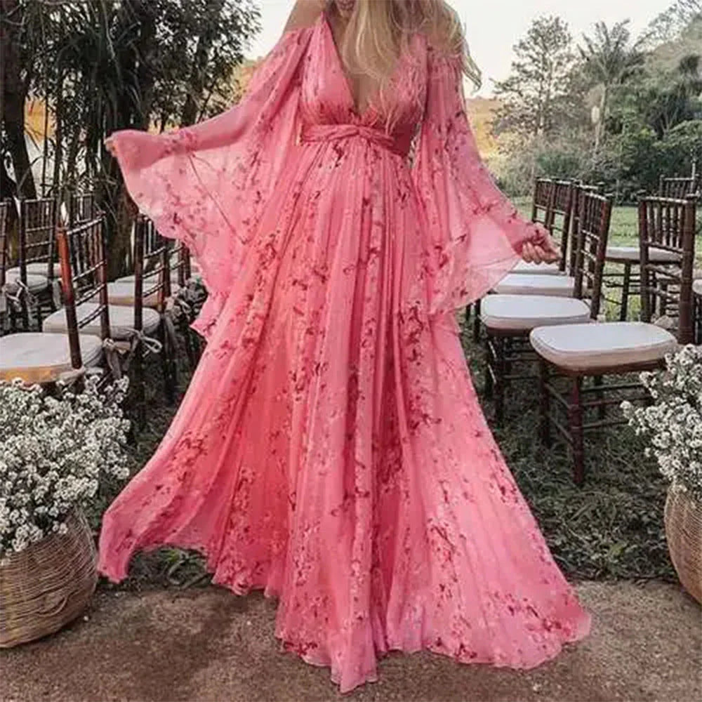Women's Chiffon Maxi Dress with V-Neck and Floral Print